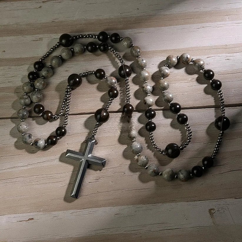 Rosenkranshalskæde af naturlig obsidian og yooperlite