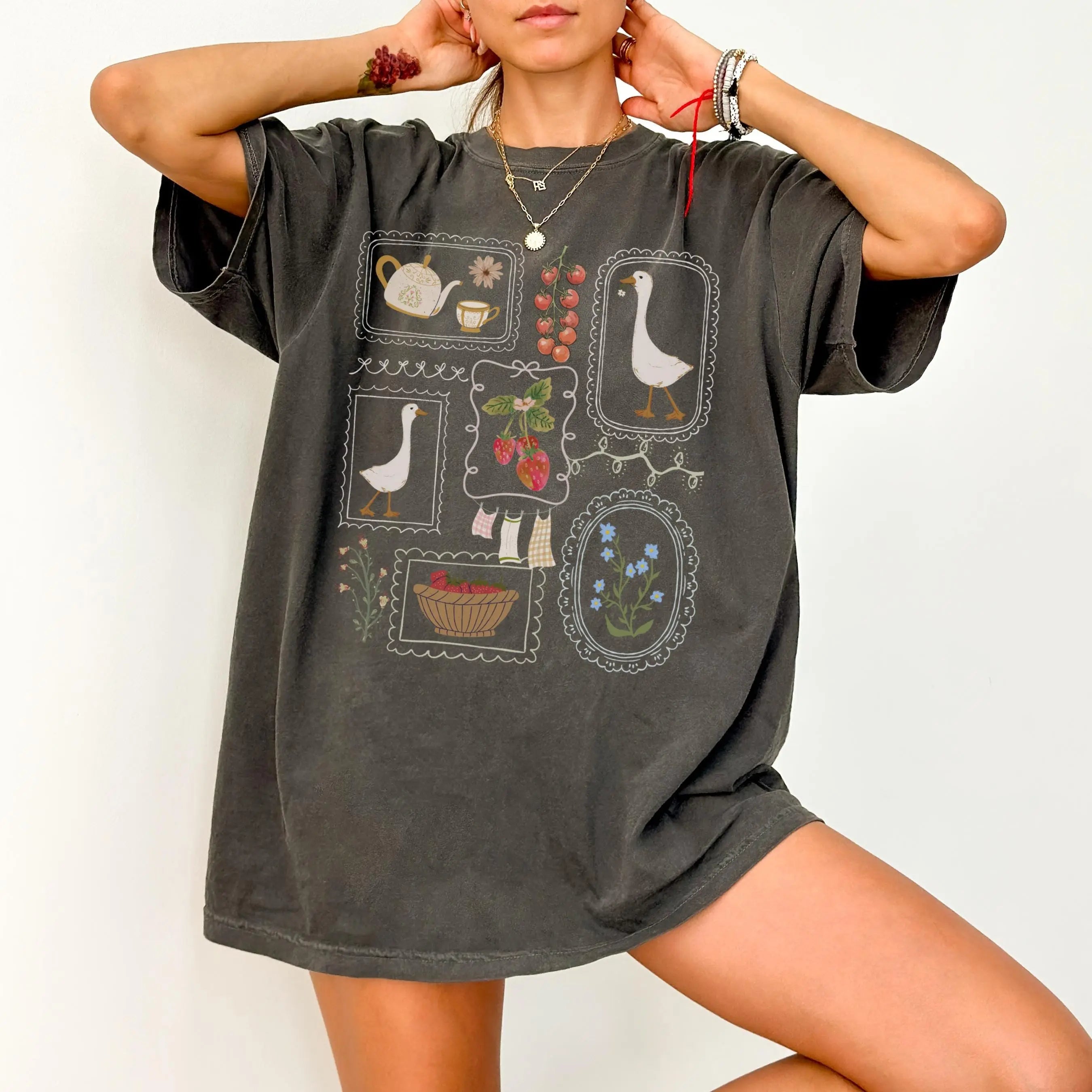 🪿Vintage Cottagecore Gåse T-shirt – Oversized Blød Bomulds T-shirt til Kvinder