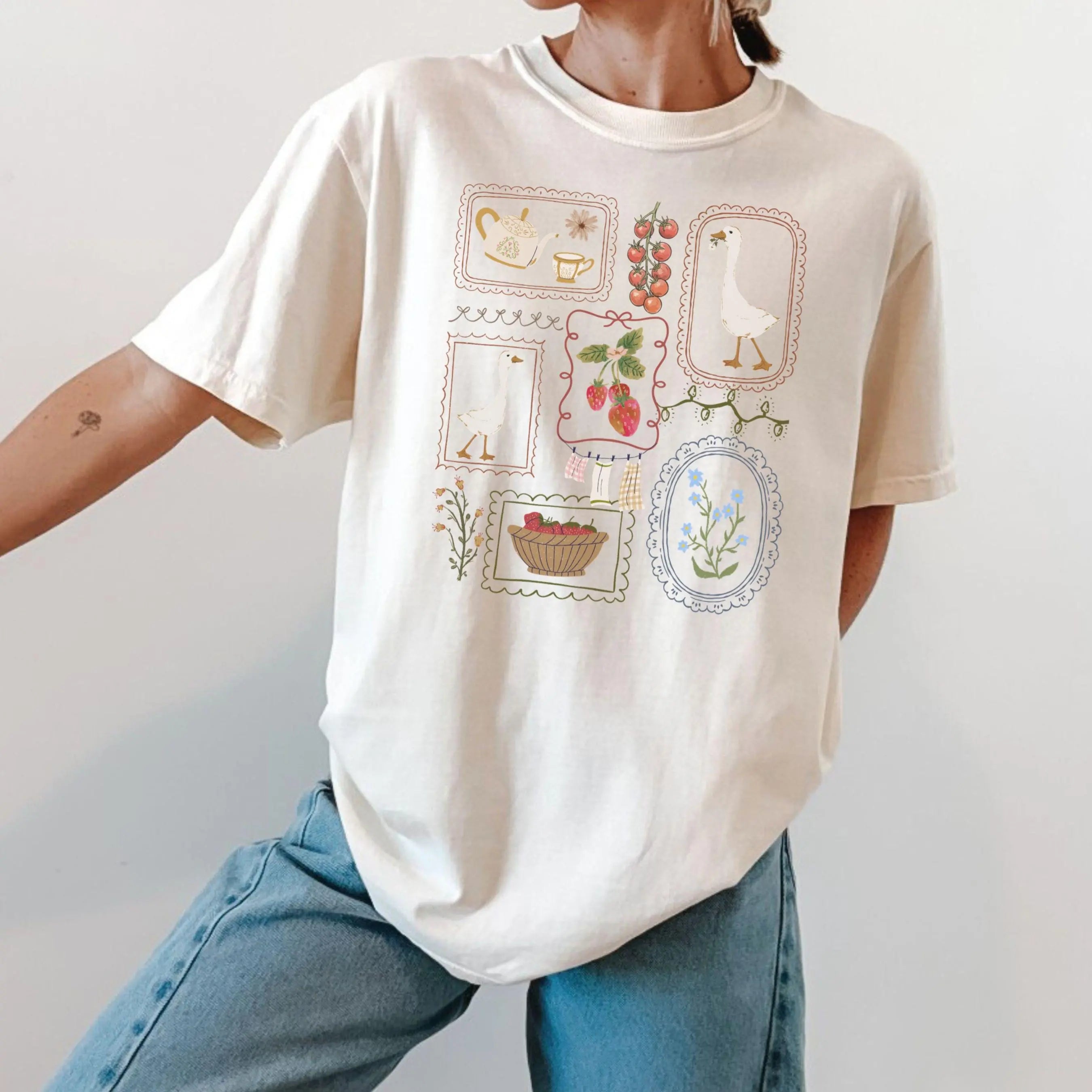 🪿Vintage Cottagecore Gåse T-shirt – Oversized Blød Bomulds T-shirt til Kvinder