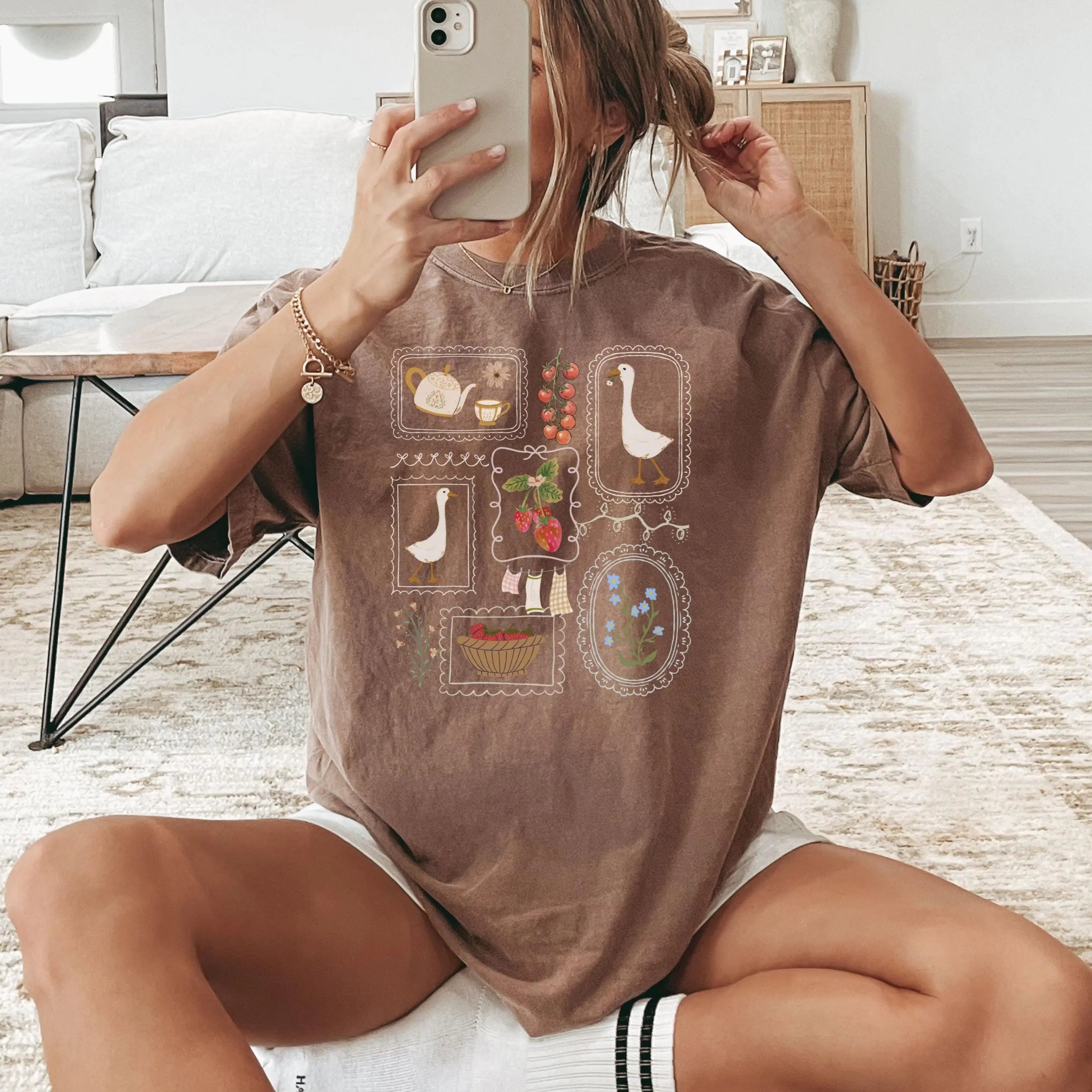 🪿Vintage Cottagecore Gåse T-shirt – Oversized Blød Bomulds T-shirt til Kvinder
