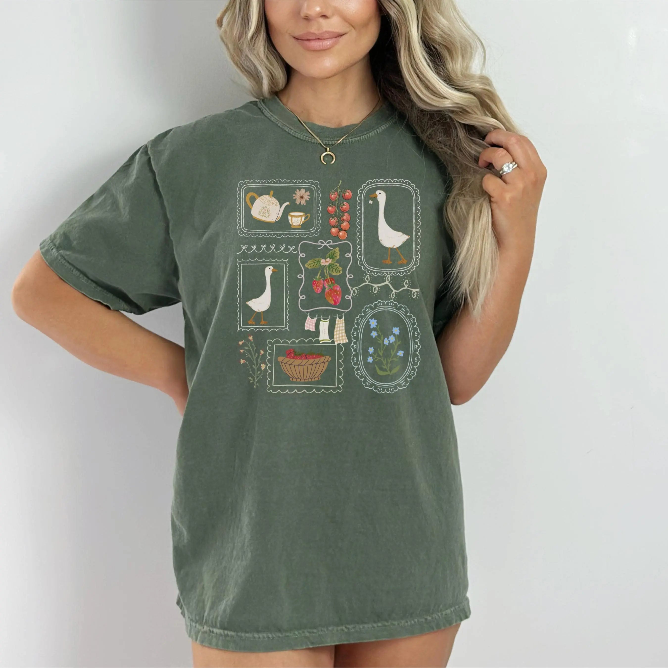 🪿Vintage Cottagecore Gåse T-shirt – Oversized Blød Bomulds T-shirt til Kvinder