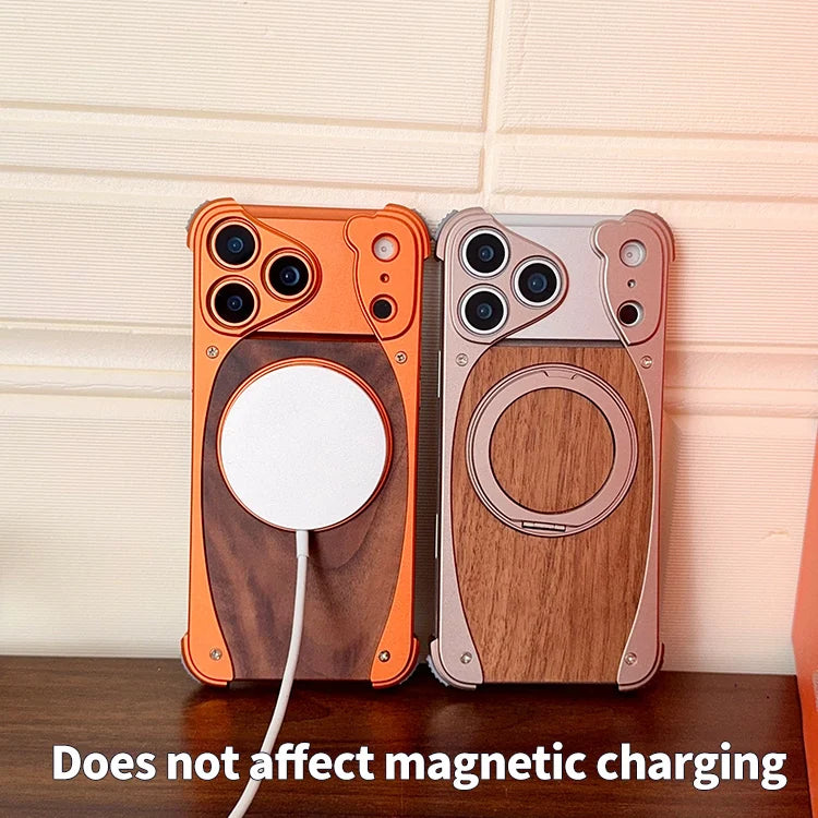 Premium magnetisk telefoncover i træ og aluminium med stander