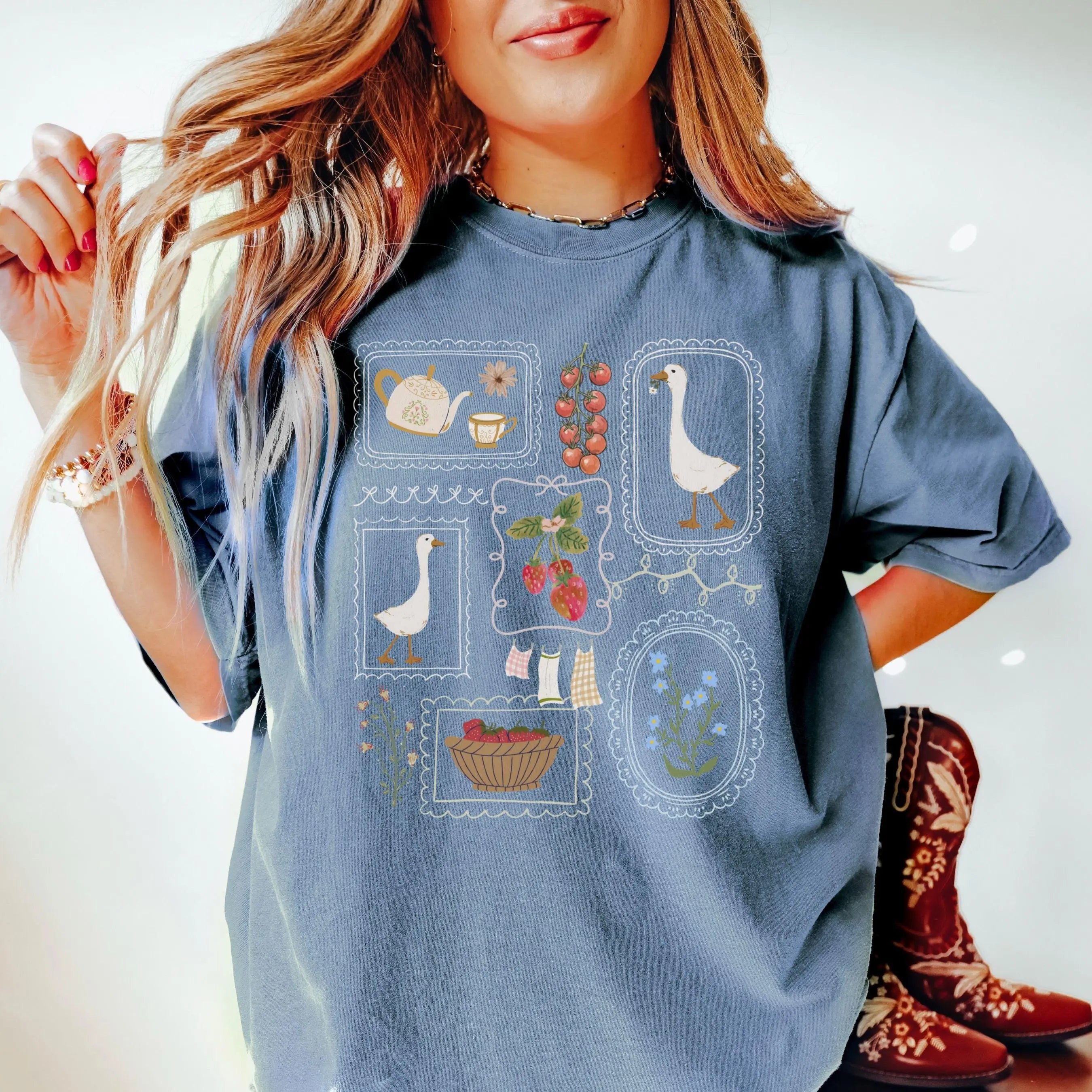 🪿Vintage Cottagecore Gåse T-shirt – Oversized Blød Bomulds T-shirt til Kvinder