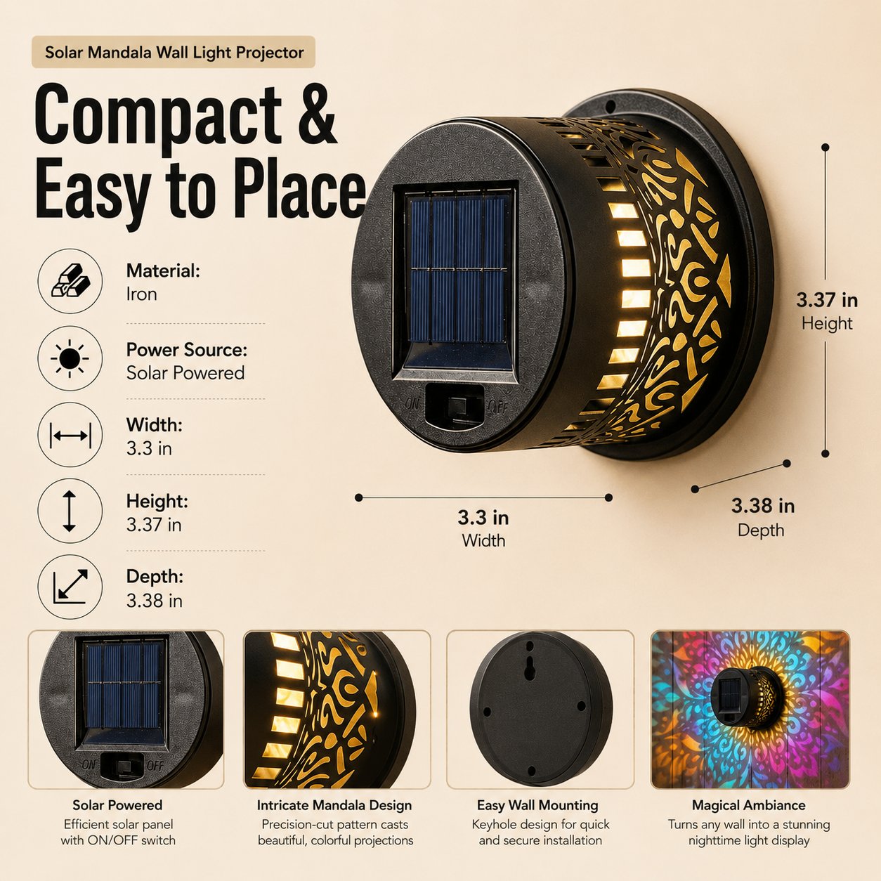 Solar Mandala Væglampe Udendørs Havehegnsprojektor Lampe Terrasse Stemningsdekoration