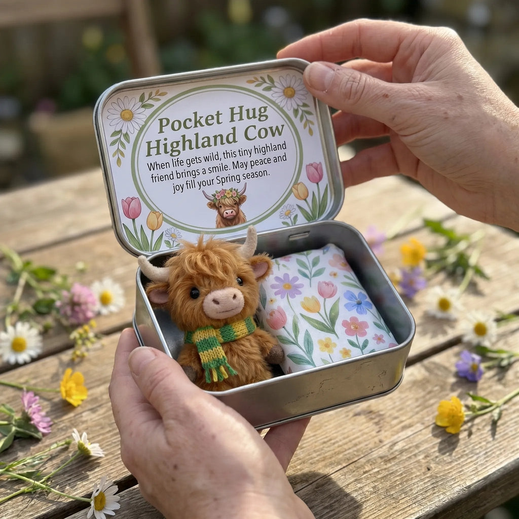 🌾🐮Pocketkrammer Skotsk Højlandskvæg Gavesæt – Et lille kram, du kan have med overalt 💛