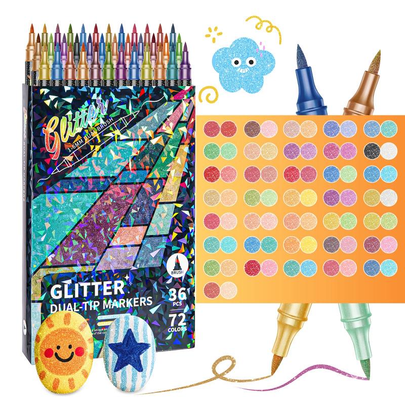 🎨Glittereffekt Penselmarkører🥇✨: Skab funklende kunst problemfrit 🥳(🌈24-96 farver | Flydende uden tilstopning | Bløder ikke igennem📝)