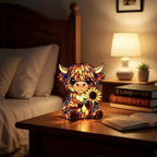 ✨ Kreativt Highland Ko LED Natlys, Hjemme Tegnefilmsdyr Harpiksfigur, Sød Dekorativ Lampe til Børneværelse & Opholdsstue, Bordlampe, USB-drevet Lampe