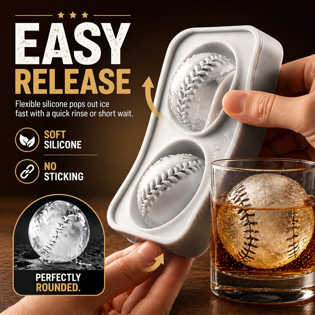 Baseball-isterningform – Langsomtsmeltende silikonekugleform til whisky, cocktails og mere ⚾🧊