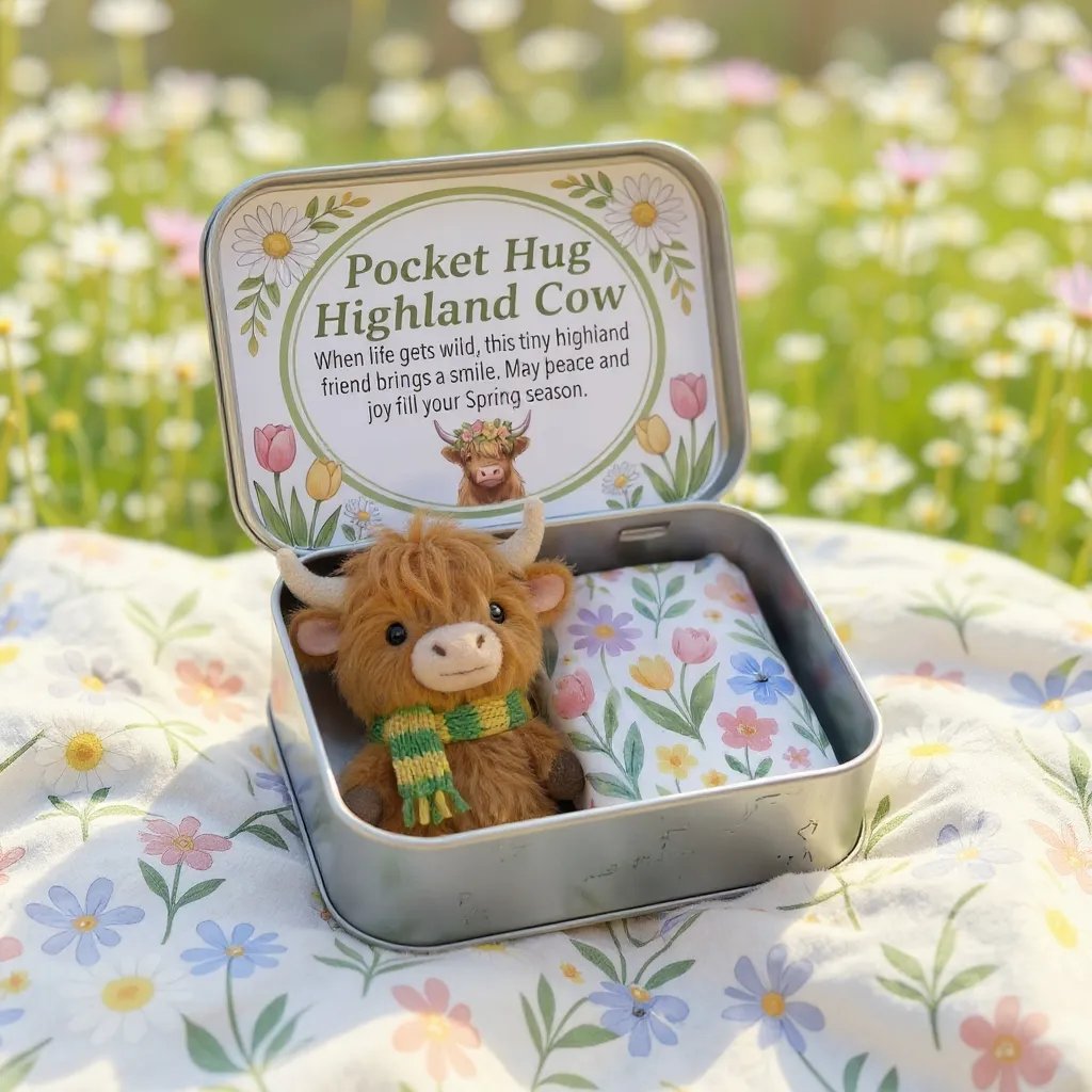 🌾🐮Pocketkrammer Skotsk Højlandskvæg Gavesæt – Et lille kram, du kan have med overalt 💛