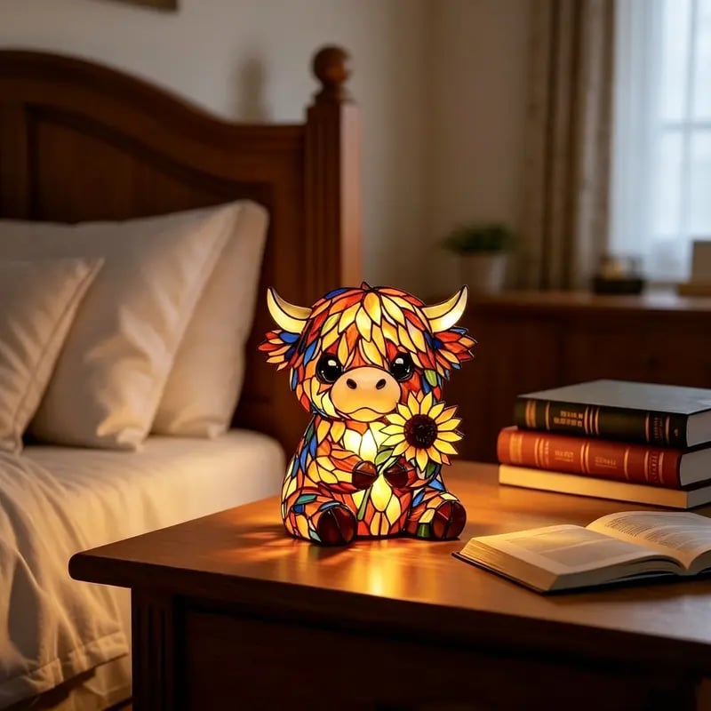 ✨ Kreativt Highland Ko LED Natlys, Hjemme Tegnefilmsdyr Harpiksfigur, Sød Dekorativ Lampe til Børneværelse & Opholdsstue, Bordlampe, USB-drevet Lampe
