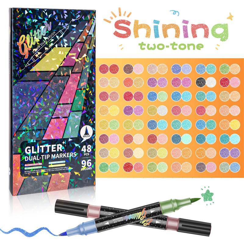 🎨Glittereffekt Penselmarkører🥇✨: Skab funklende kunst problemfrit 🥳(🌈24-96 farver | Flydende uden tilstopning | Bløder ikke igennem📝)
