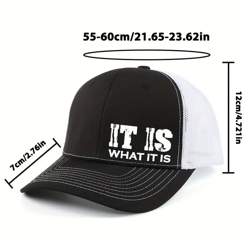 IT IS WHAT IT IS Printed Mesh Trucker Hat - Justerbar, Åndbar Baseballkasket til Afslappet Udendørsbrug, Unisex Solbeskyttelse