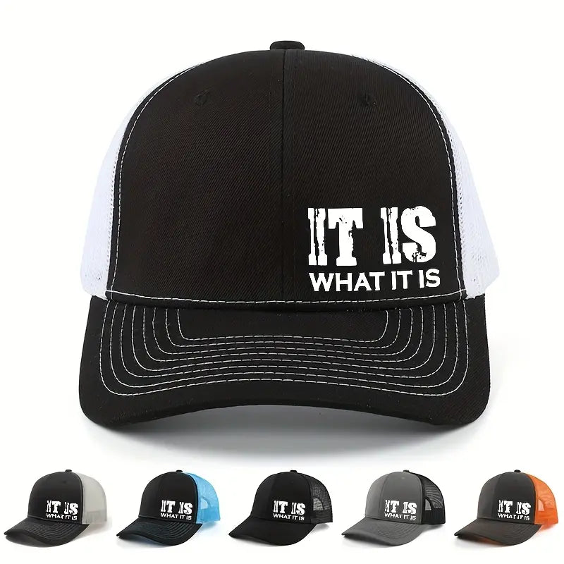 IT IS WHAT IT IS Printed Mesh Trucker Hat - Justerbar, Åndbar Baseballkasket til Afslappet Udendørsbrug, Unisex Solbeskyttelse