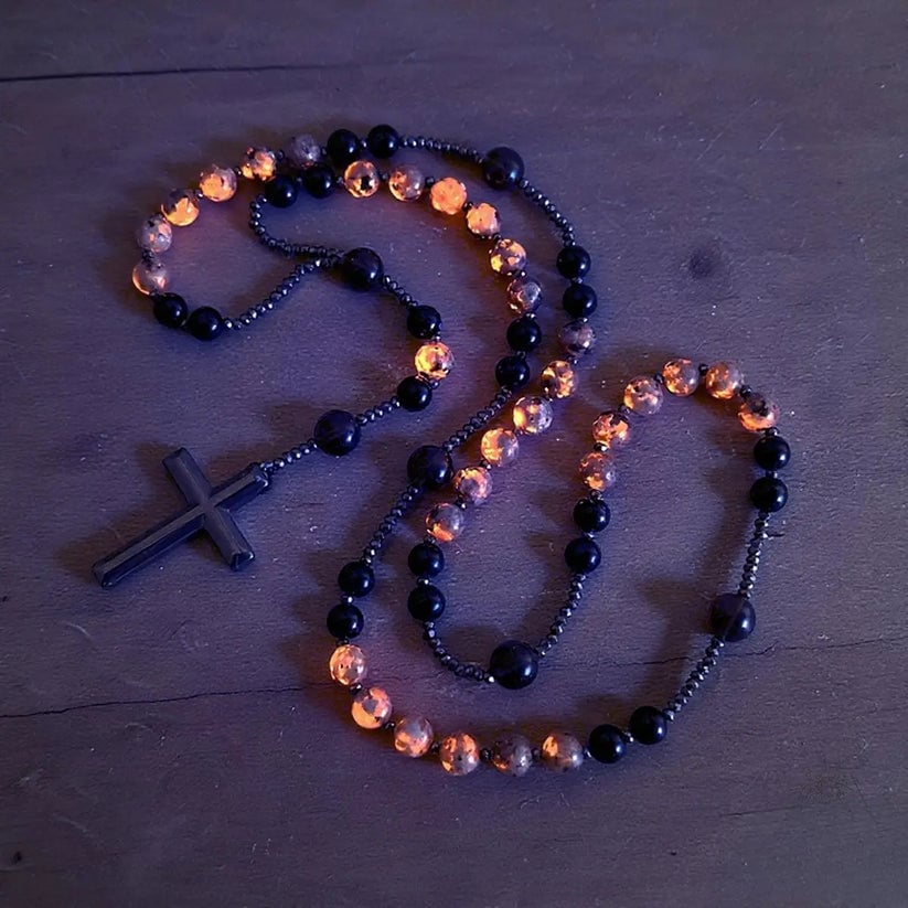 Rosenkranshalskæde af naturlig obsidian og yooperlite