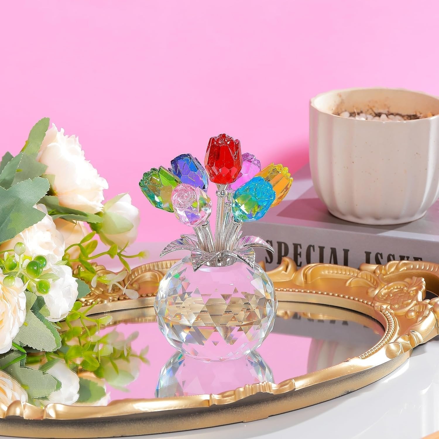🎁 Mors Dag Udsalg ❤️ Krystal Farverig Rose Blomst Samlefigur med Vase