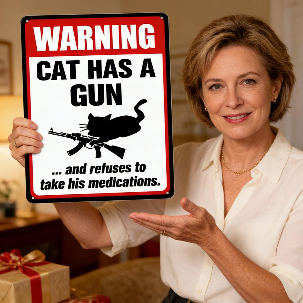 Sjovt "Kat og Hund Har en Pistol og Vil Ikke Tage Medicin" Aluminiumsskilt