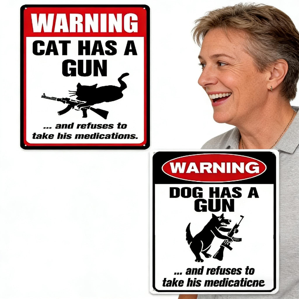 Sjovt "Kat og Hund Har en Pistol og Vil Ikke Tage Medicin" Aluminiumsskilt