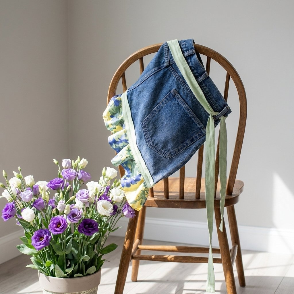 👖 Denimflæseforklæde – Genbrugt fra vintagejeans, blomsterblondekant – Bæredygtig gave til have og køkken 🧑‍🌾♻️
