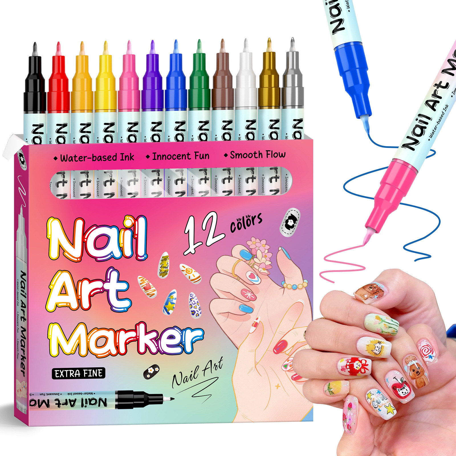 Neglekunst Marker Sæt (12/24 Farver) – Vandfaste DIY Neglepenne med Præcisionsspidser til Nemt Negledesign