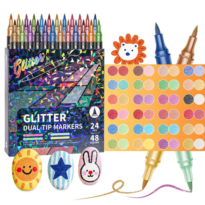 🎨Glittereffekt Penselmarkører🥇✨: Skab funklende kunst problemfrit 🥳(🌈24-96 farver | Flydende uden tilstopning | Bløder ikke igennem📝)