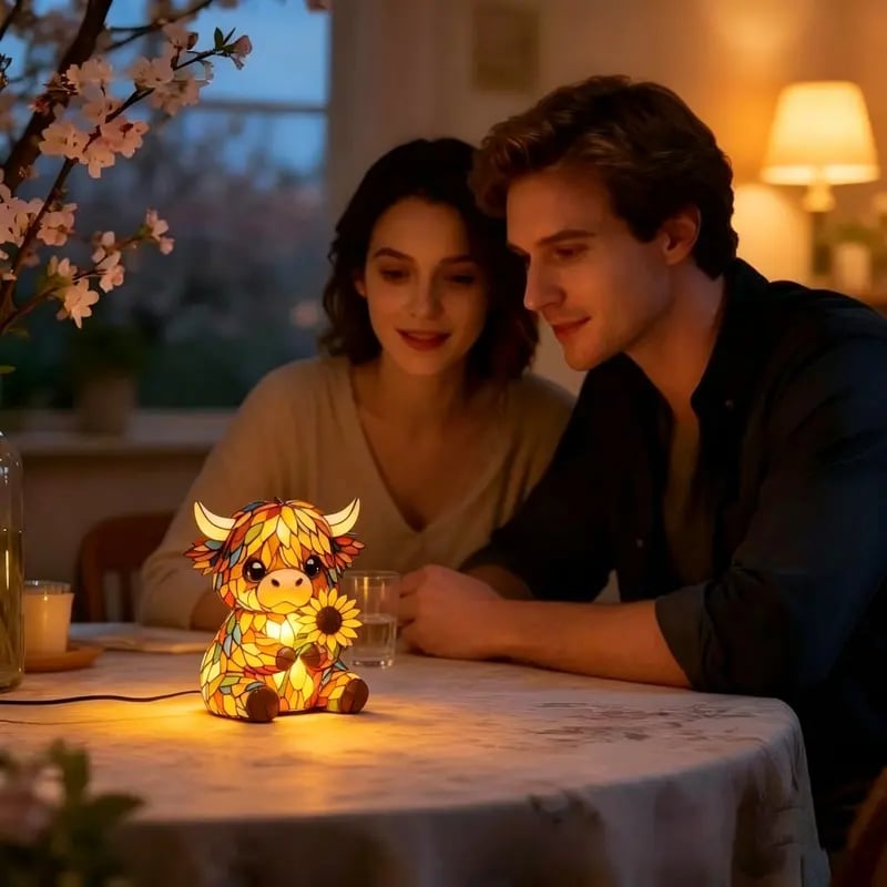 ✨ Kreativt Highland Ko LED Natlys, Hjemme Tegnefilmsdyr Harpiksfigur, Sød Dekorativ Lampe til Børneværelse & Opholdsstue, Bordlampe, USB-drevet Lampe