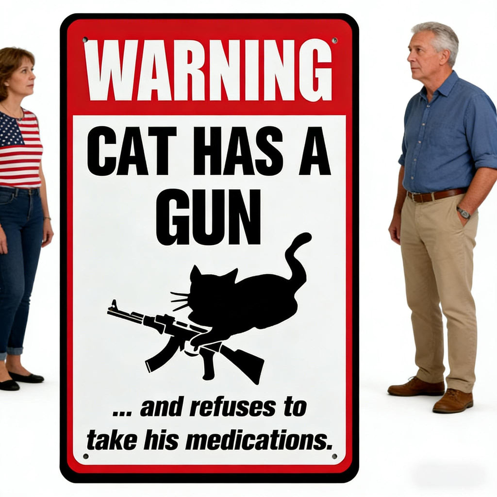 Sjovt "Kat og Hund Har en Pistol og Vil Ikke Tage Medicin" Aluminiumsskilt