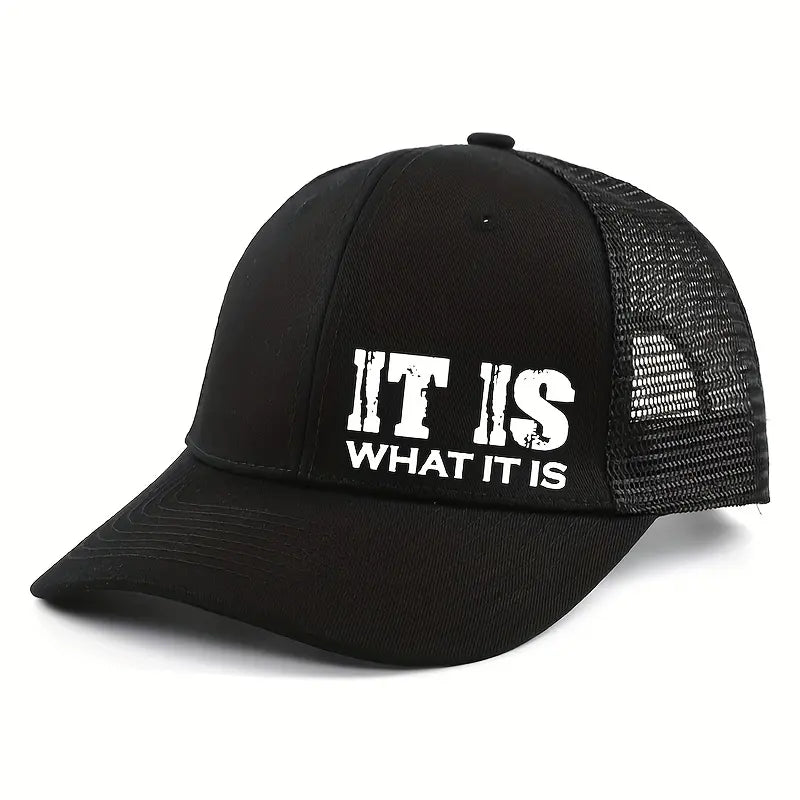 IT IS WHAT IT IS Printed Mesh Trucker Hat - Justerbar, Åndbar Baseballkasket til Afslappet Udendørsbrug, Unisex Solbeskyttelse
