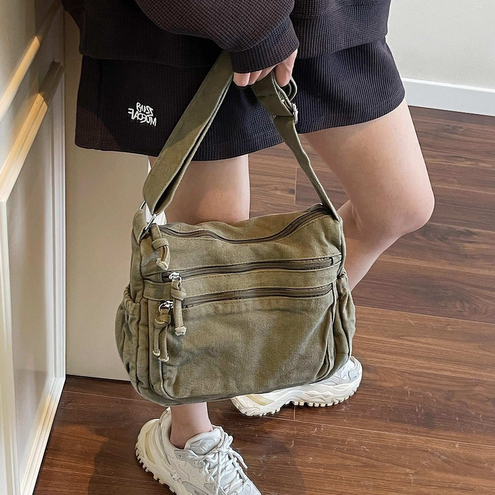 Lærreds Crossbody Taske med Flere Lommer til Hverdagsbrug