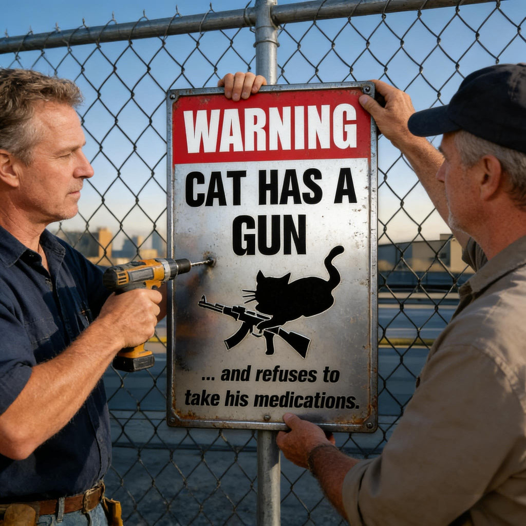 Sjovt "Kat og Hund Har en Pistol og Vil Ikke Tage Medicin" Aluminiumsskilt