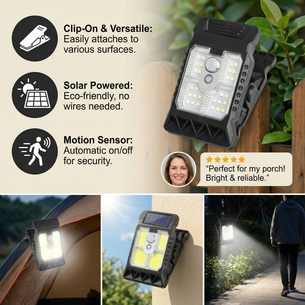 Praktisk clip-on solcellelampe med bevægelsessensor